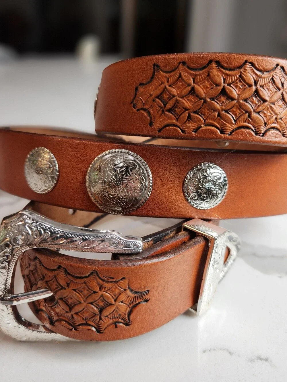 Vintage Size 40 Cuadra Tooled Tan Leather Western Concho Belt